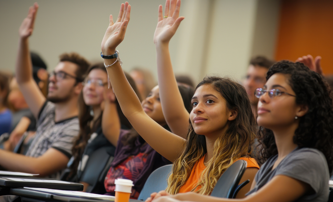 students in lecture after successfully using the Reading list management powered by AI, to help their studies.