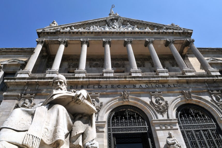 Photo looking up at the National Library of Spain in Madrid