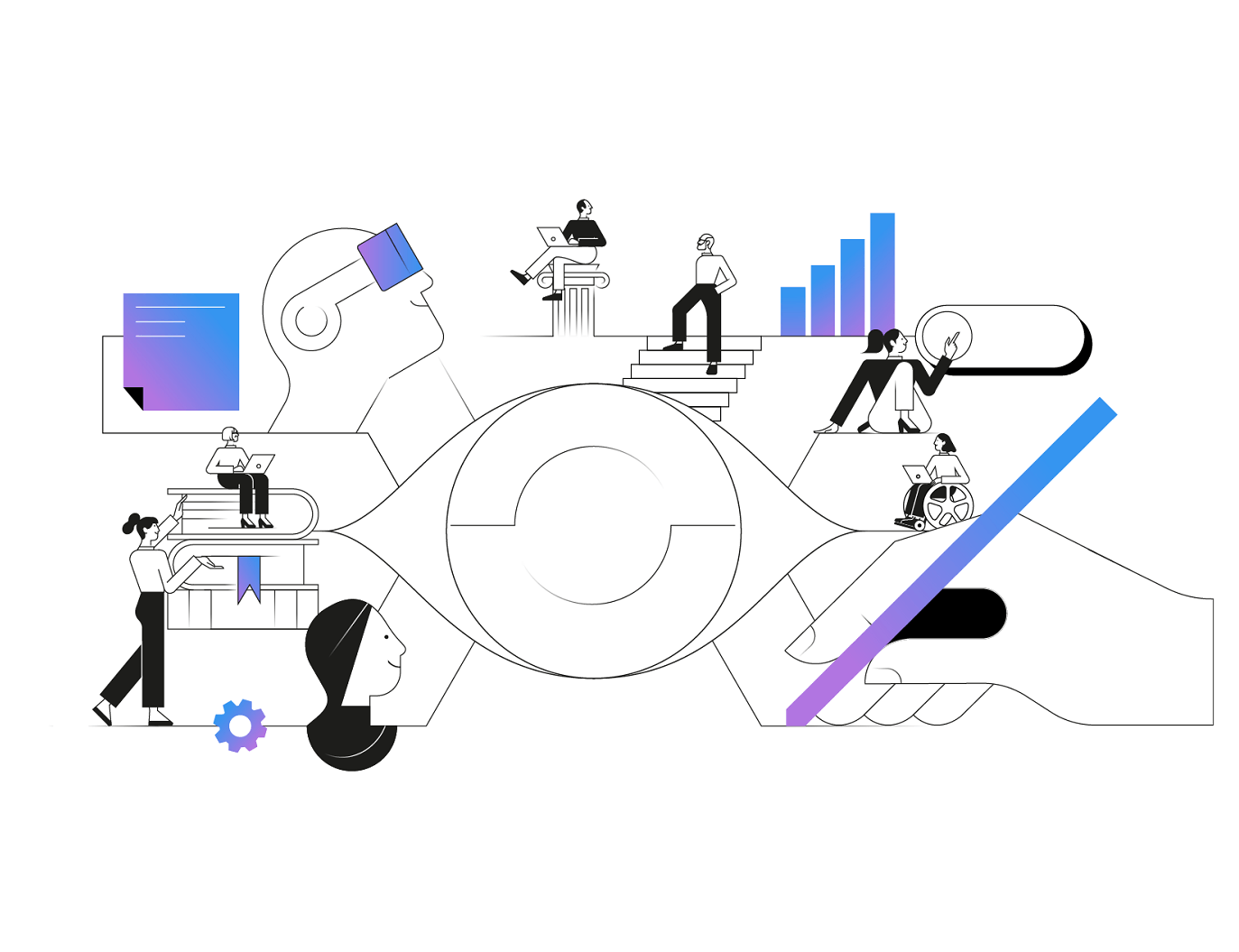 Graphic depicting an eyein the center of a chart, someone wearing a VR headset, someone writing ,someone walking up the stairs, people having a conversation