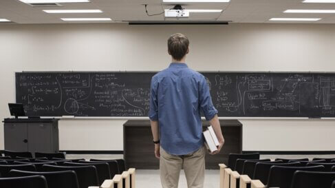 Student stands in the middle of an empty classroom, looking at a blackboard full of equations