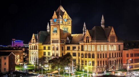 Photo of the campus of Wayne State University at night